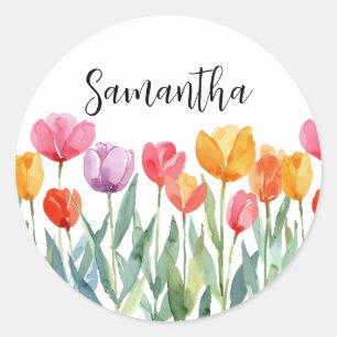 Monogram Tulips Spring Flowers Colourful & Cheerfu Classic Round Sticker