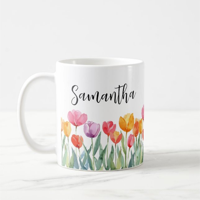 Monogram Tulips Spring Flowers Colourful & Cheerfu Coffee Mug (Left)