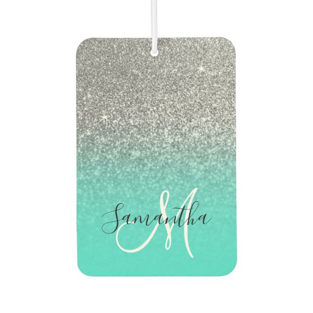 Monogram Turquoise and Silver Ombre Glitter Photo Car Air Freshener (Front)