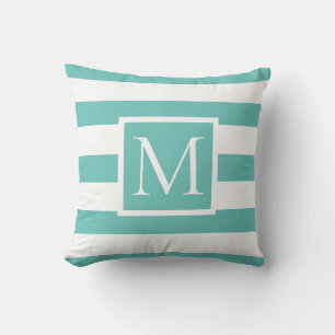 Monogram Turquoise and White Striped Cushion