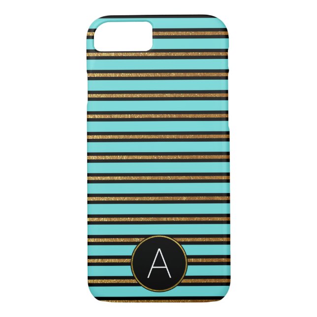 Monogram Turquoise, Black and Gold Foil Striped Case-Mate iPhone Case (Back)