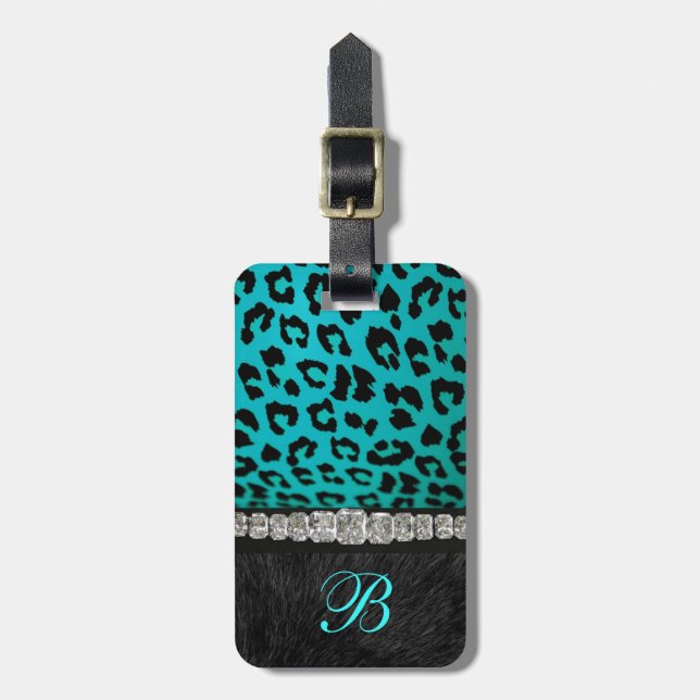 Monogram Turquoise, Black Animal Print Luggage Tag (Front Vertical)