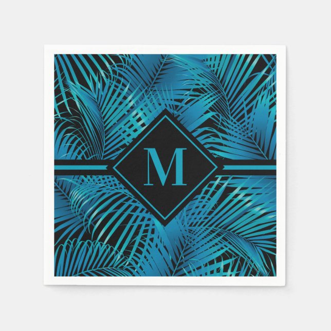 Monogram Turquoise Black Palms Napkin (Front)