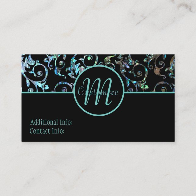 Monogram Turquoise & Black Pearl Floral  Card (Front)