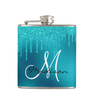 Monogram Turquoise Blue Glitter Drips Girly Hip Flask