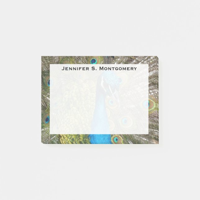 Monogram Turquoise Blue Lime Green Peacock Feather Post-it Notes (Front)