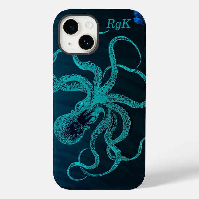 Monogram Turquoise & Blue Octopus Case-Mate iPhone Case (Back)