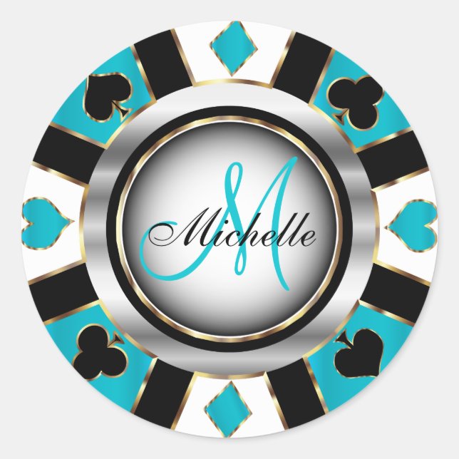 Monogram Turquoise  Casino Poker Chip Design Classic Round Sticker (Front)