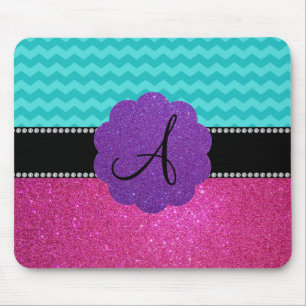Monogram turquoise chevrons pink glitter mouse mat