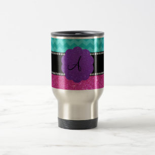 Monogram turquoise chevrons pink glitter travel mug