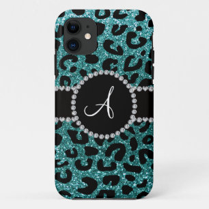 Monogram turquoise glitter cheetah pattern iPhone 11 case
