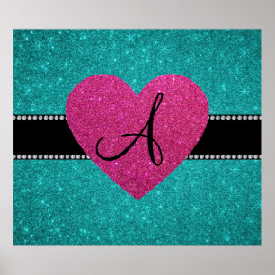 Monogram turquoise glitter pink heart poster
