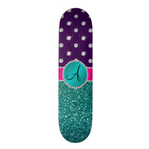 Monogram turquoise glitter purple diamonds skateboard