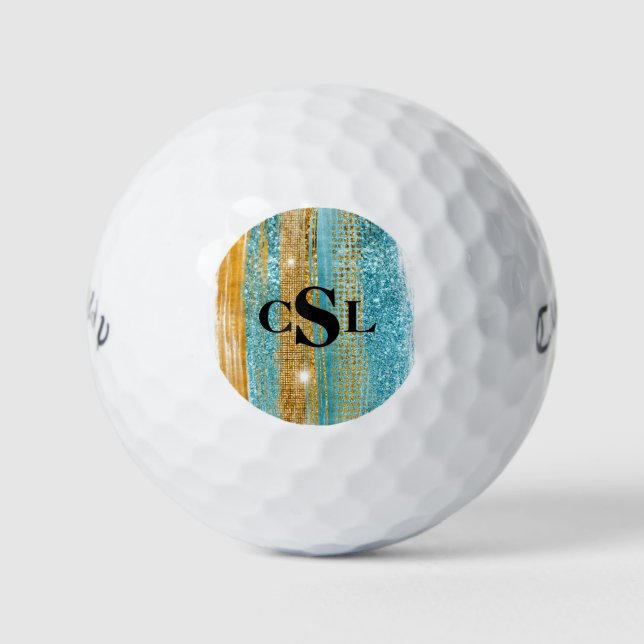 Monogram Turquoise Gold Glitter Elegant Chic Girly Golf Balls (Front)