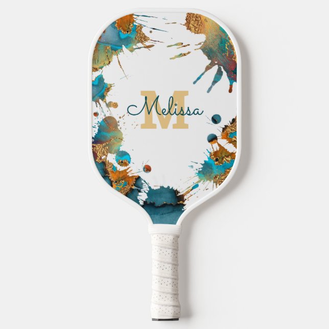 Monogram Turquoise Gold Orange Watercolor Splatter Pickleball Paddle (Front)