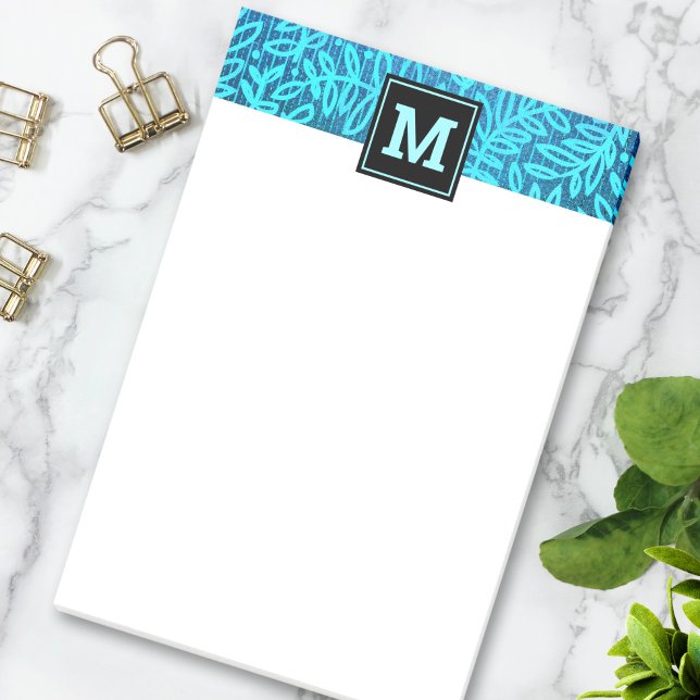 Monogram turquoise leaf botanical pattern bold post-it notes (Creator Uploaded)