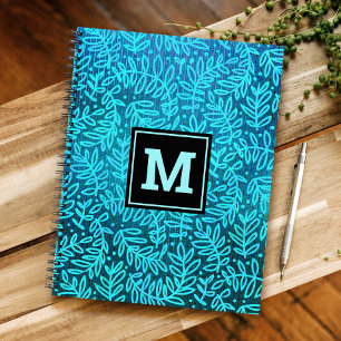 Monogram turquoise modern foliage leaves pattern notebook