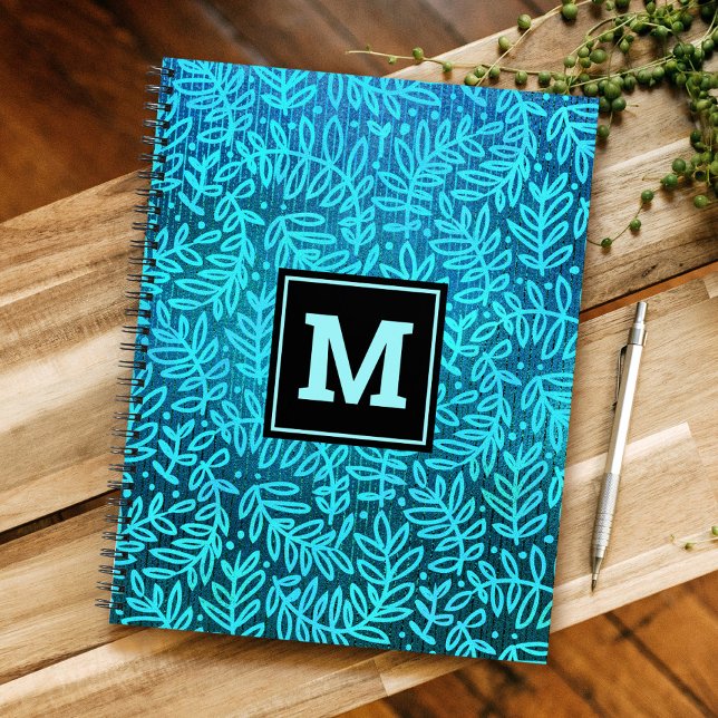 Monogram turquoise modern foliage leaves pattern  notebook (Creator Uploaded)