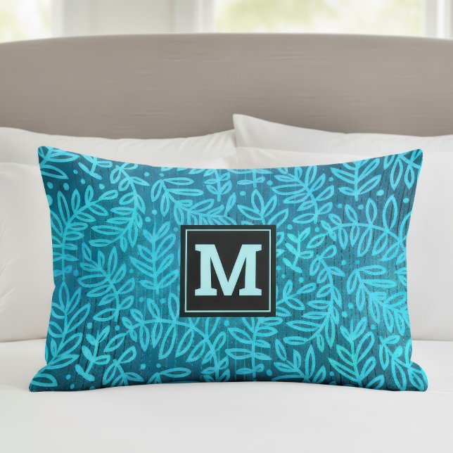Monogram turquoise ombre leaf pattern bold modern pillowcase (Creator Uploaded)