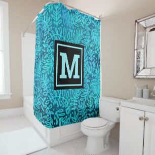 Monogram turquoise ombre leaf pattern modern bold shower curtain