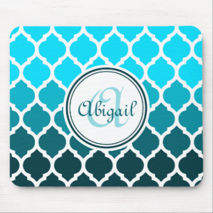 Monogram Turquoise Ombre Moroccan Lattice Pattern Mouse Mat