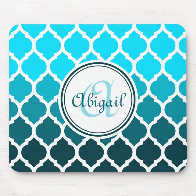 Monogram Turquoise Ombre Moroccan Lattice Pattern Mouse Mat (Front)