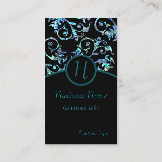 Monogram Turquoise Pearl Floral Business Card 2 (Front)