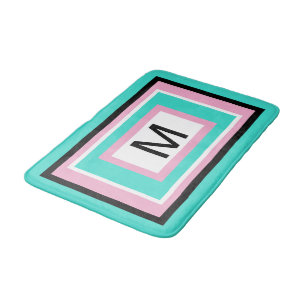 Monogram Turquoise Pink Black Geometric Bath Mat