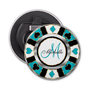 Monogram Turquoise Poker Chip Design Bottle Opener