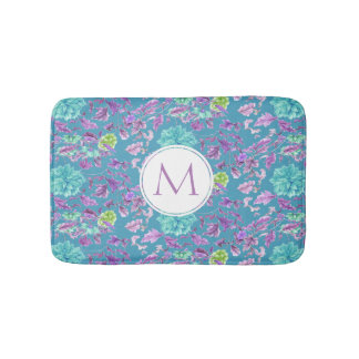 Monogram Turquoise Purple Floral Pattern  Bath Mat