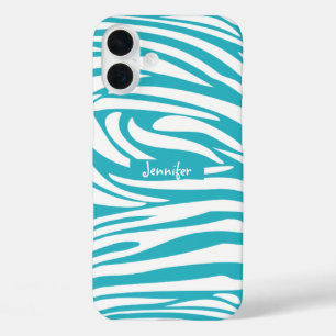 Monogram Turquoise Striped Zebra Pattern Trendy iPhone 16 Plus Case