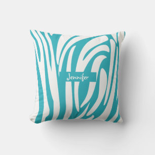 Monogram Turquoise Striped Zebra Pattern Trendy Cushion