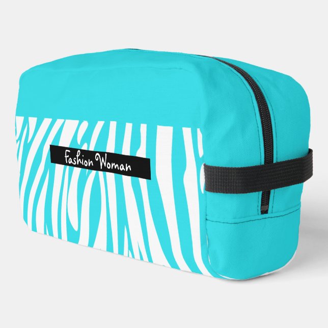 Monogram Turquoise Striped Zebra Pattern Trendy Dopp Kit (Left Corner)