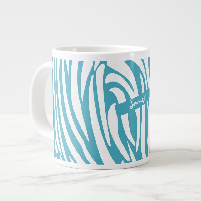 Monogram Turquoise Striped Zebra Pattern Trendy Large Coffee Mug (Front Left)
