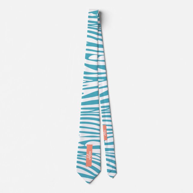 Monogram Turquoise Striped Zebra Pattern Trendy Tie (Front)