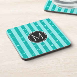 Monogram Turquoise Stripes Modern Heart Pattern Coaster