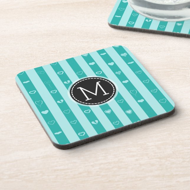 Monogram Turquoise Stripes Modern Heart Pattern Coaster (Left Side)