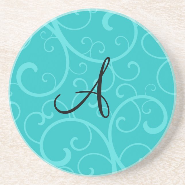 Monogram turquoise swirls coaster (Front)