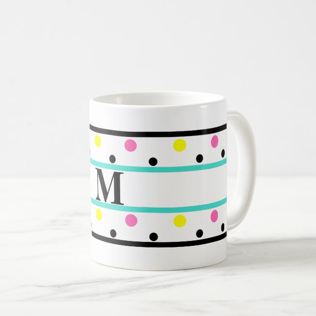 Monogram Turquoise Yellow Pink Polka Dots Coffee Mug (Front Right)