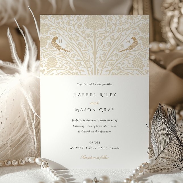 Monogram Twin Birds Victorian Wedding Invitation (Creator Uploaded)
