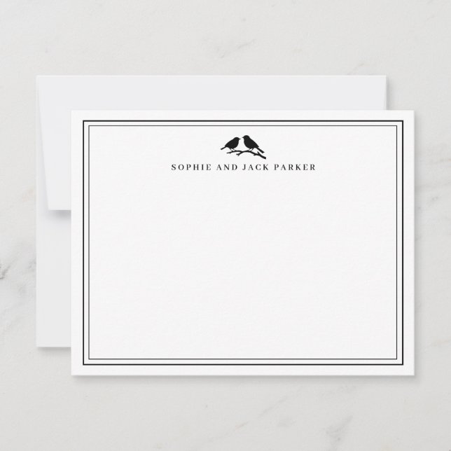 Monogram Two Borders Elegant Birds Flat Note Card (Front)