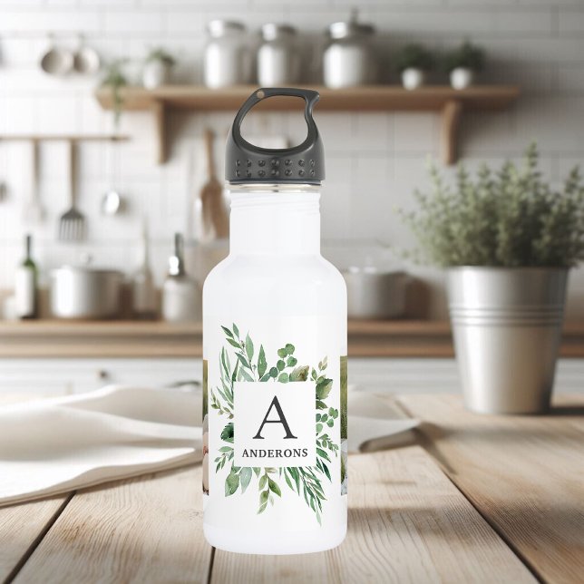 Monogram Two Photos | Personalised Greenery Frame 532 Ml Water Bottle (Creator Uploaded)
