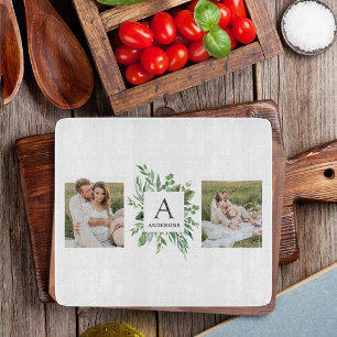 Monogram Two Photos   Personalised Greenery Frame Cutting Board