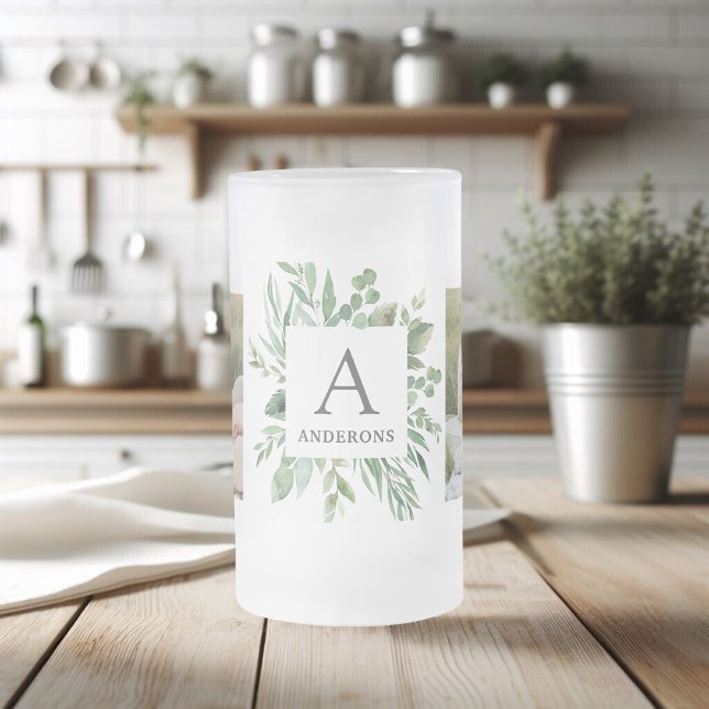 Monogram Two Photos | Personalised Greenery Frame Frosted Glass Beer Mug (Creator Uploaded)