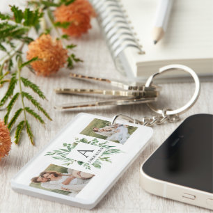 Monogram Two Photos Personalised Greenery Frame Key Ring