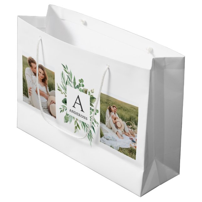 Monogram Two Photos | Personalised Greenery Frame Large Gift Bag (Front Angled)