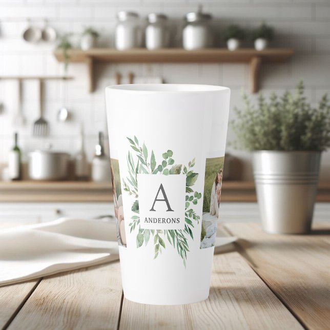 Monogram Two Photos | Personalised Greenery Frame Latte Mug (Creator Uploaded)