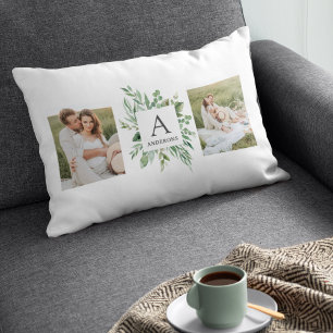 Monogram Two Photos   Personalised Greenery Frame Lumbar Cushion