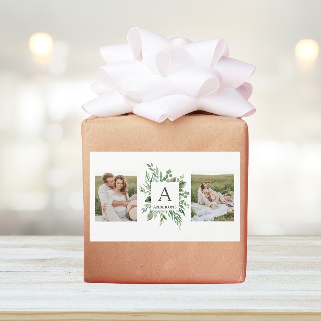 Monogram Two Photos | Personalised Greenery Frame Rectangular Sticker (Creator Uploaded)