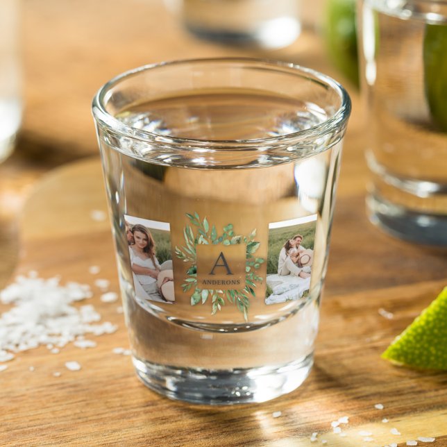 Monogram Two Photos | Personalised Greenery Frame Shot Glass (Creator Uploaded)